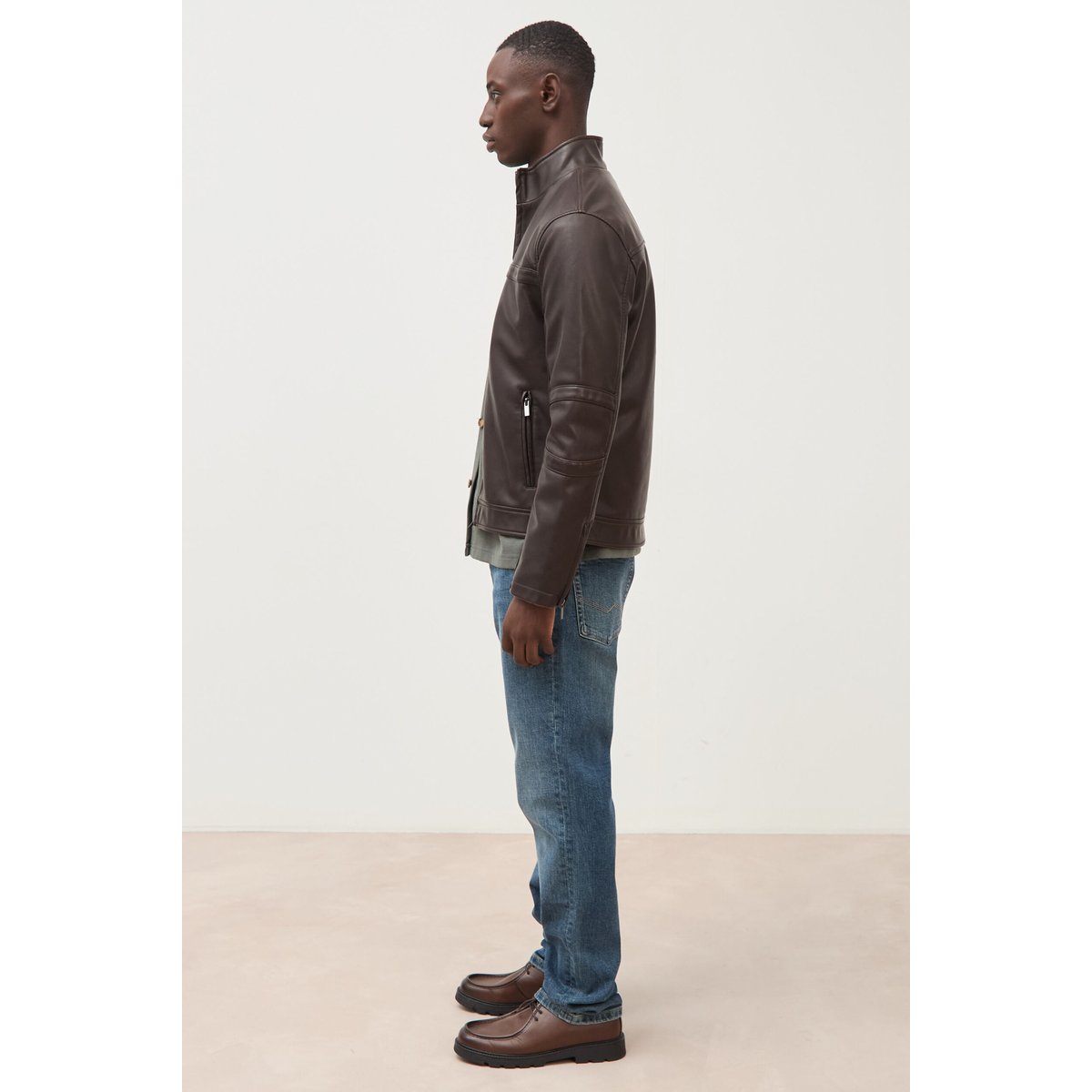 Blouson cintré similicuir col montant marron foncé, BONOBO