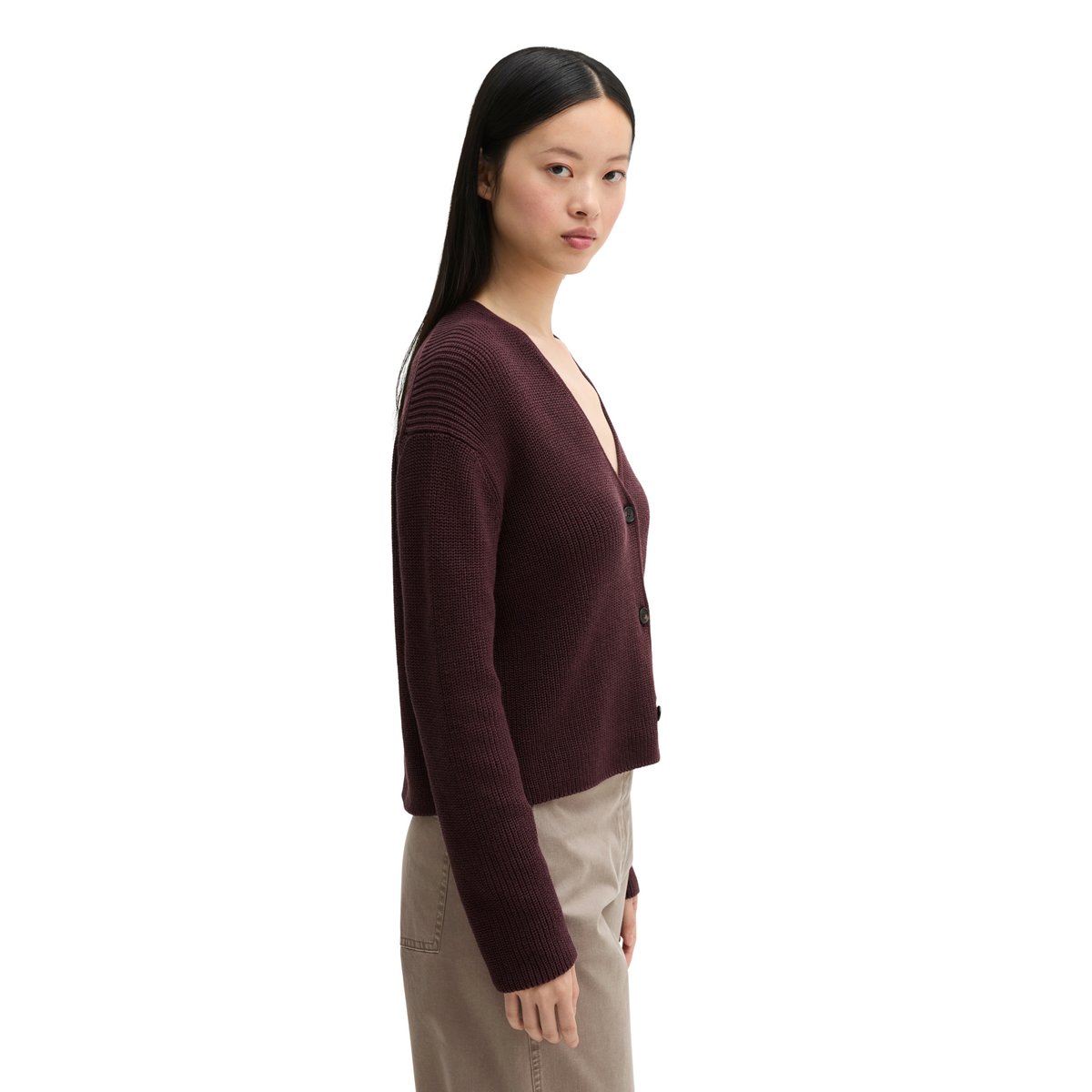 Cardigan col V relaxed en coton organique lourd rouge, MARC O'POLO