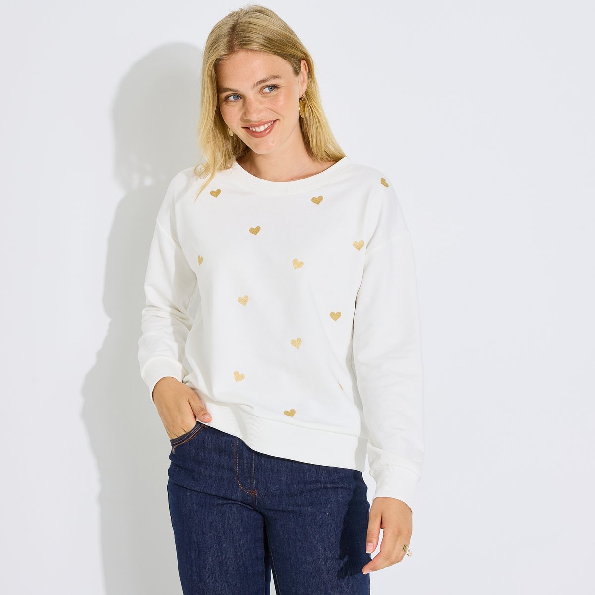 Sweat cœurs brodés blanc cassé ecru, GRAIN DE MALICE