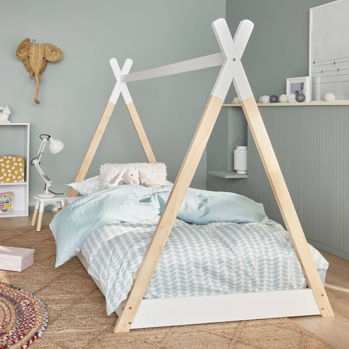 Lit tipi enfant 90 x 190cm bois de pin sommier à lattes inclus TOBIAS blanc, SWEEEK