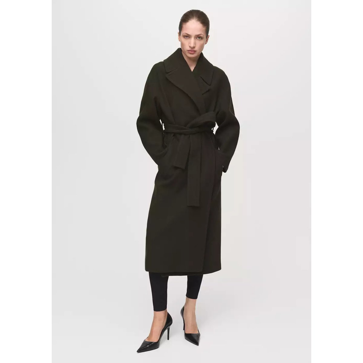 Manteau laine Manteco ceinture kaki, MANGO