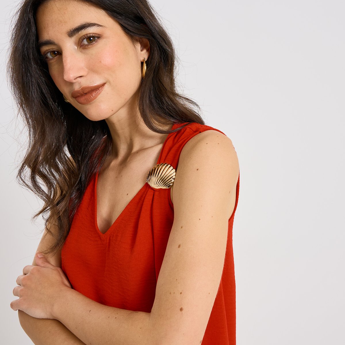 Robe courte fluide détail bijou orange rouge, GRAIN DE MALICE