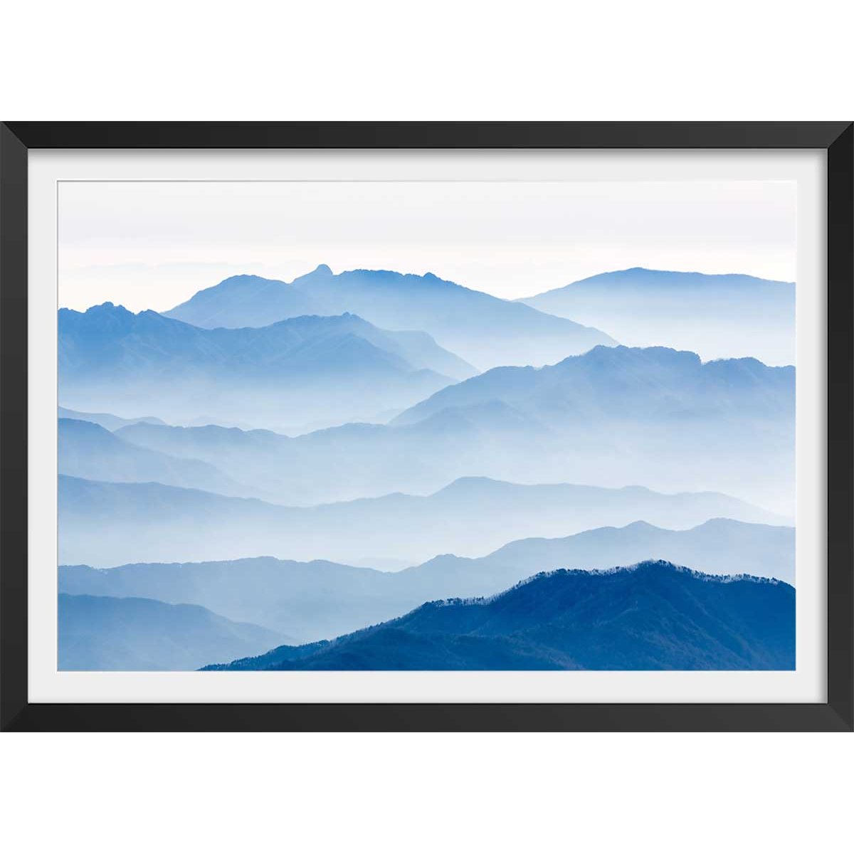 Affiche paysage montagnes bleues affiche + cadre en bois - noir, HEXOA