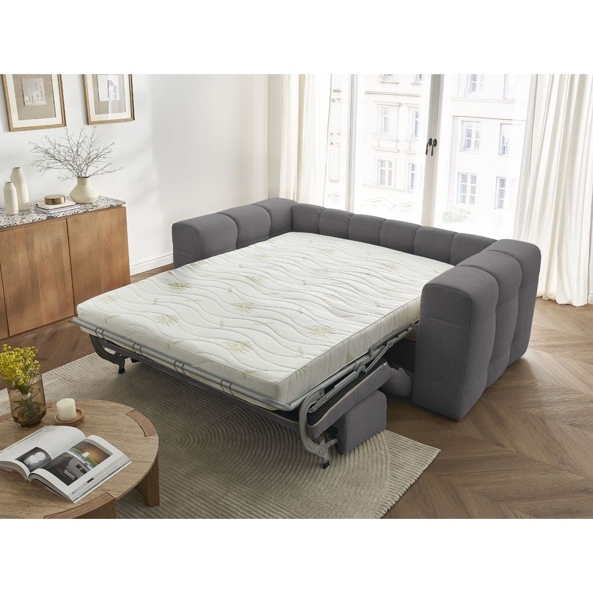 Canapé droit convertible 3 places en tissu lisse, CLOUD gris foncé, BOBOCHIC