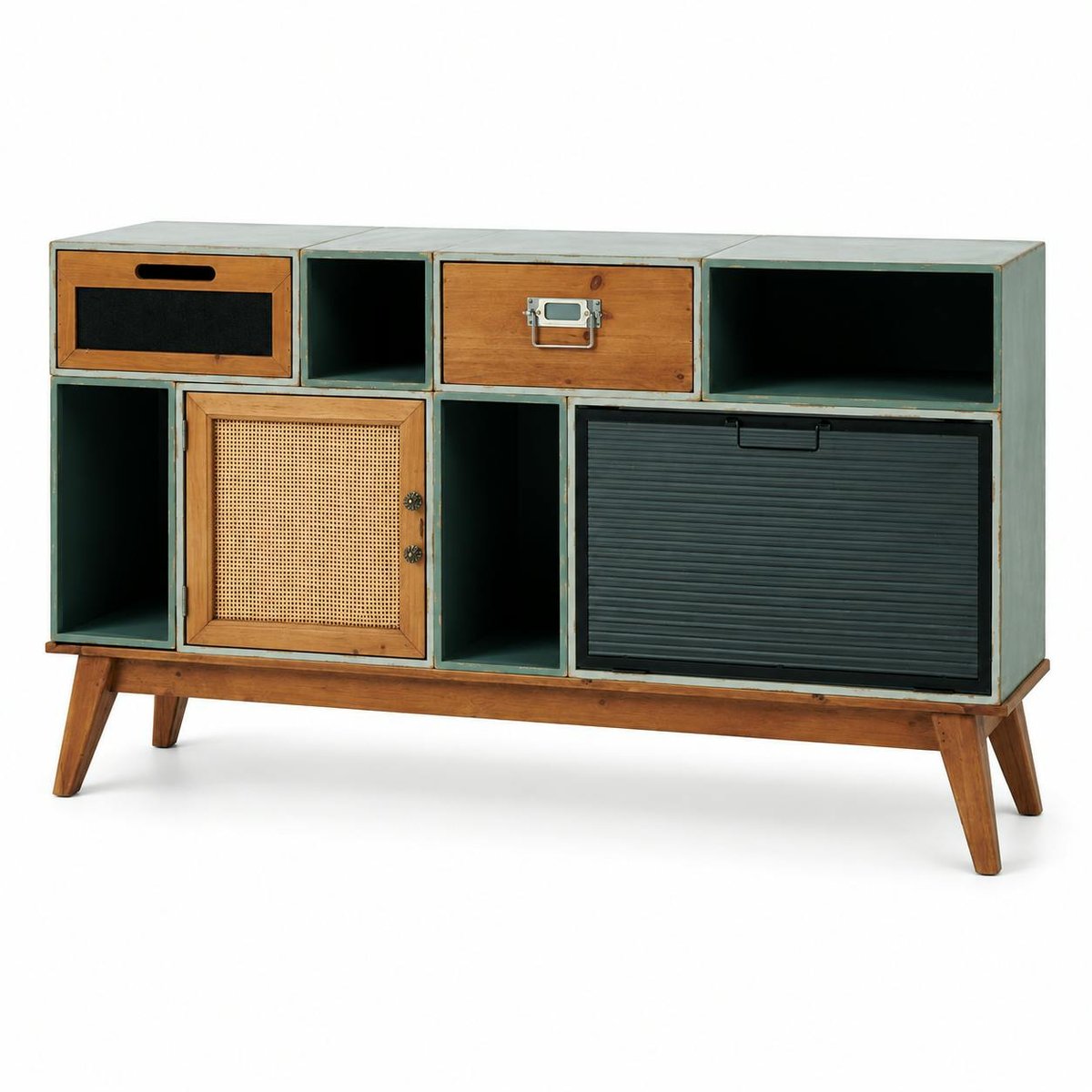 Commode bleue/verte 2 tiroirs 2 portes 4 niches LAMPHUN vert amande, PIER IMPORT