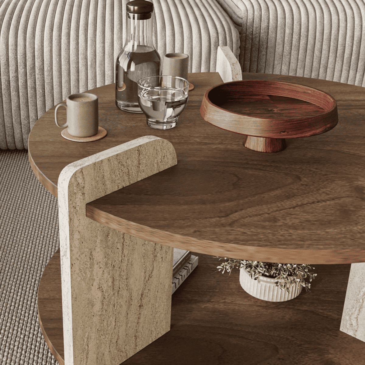 Table basse double plateau MILO noyer / travertin, CALICOSY