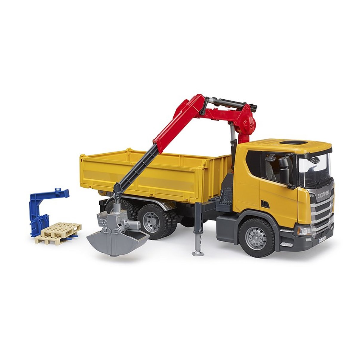 Camion de chantier Scania Super 560R avec grue et 2 palettes jaune, BRUDER