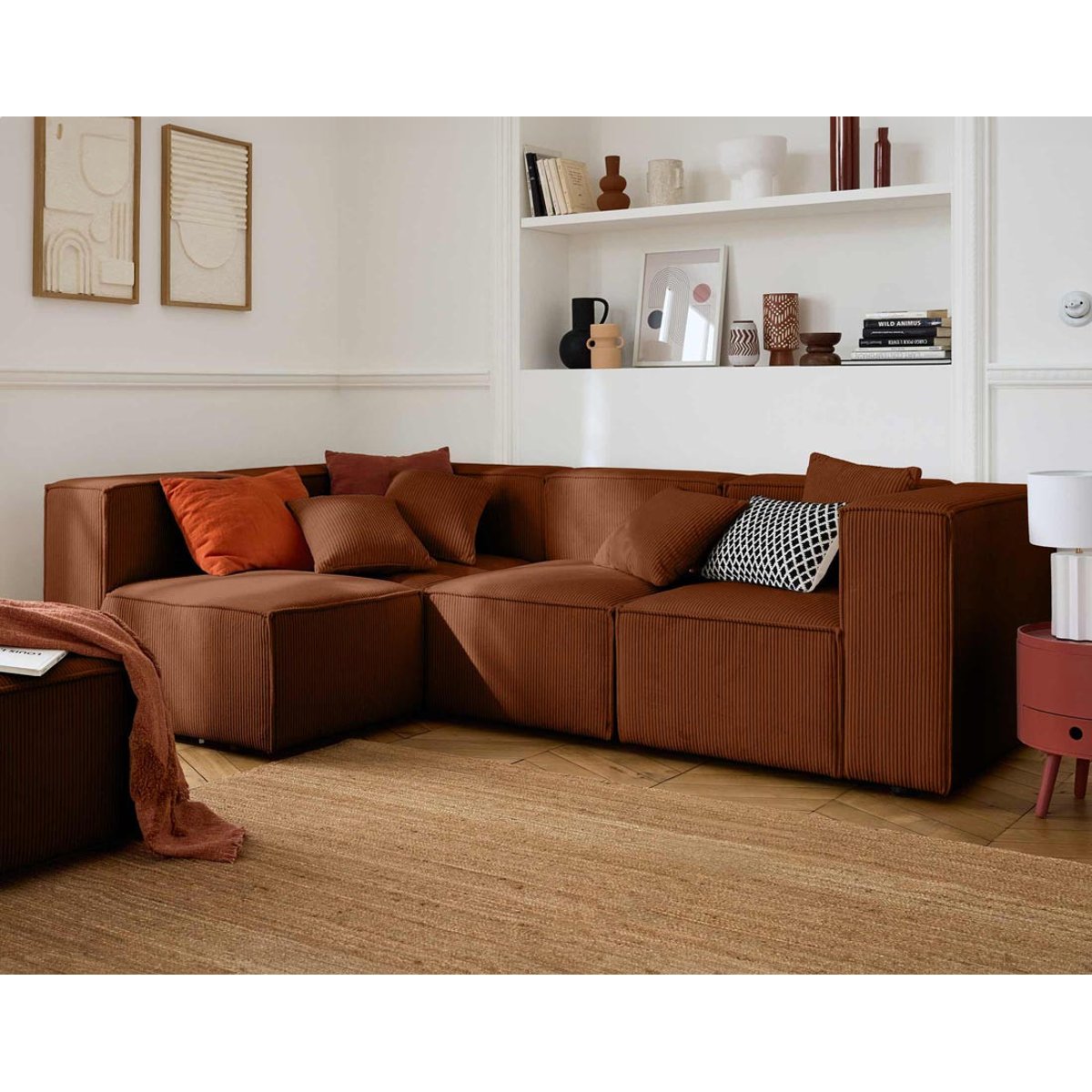 Canapé modulable d'angle gauche velours côtelé, ARTY terracotta, BEST MOBILIER