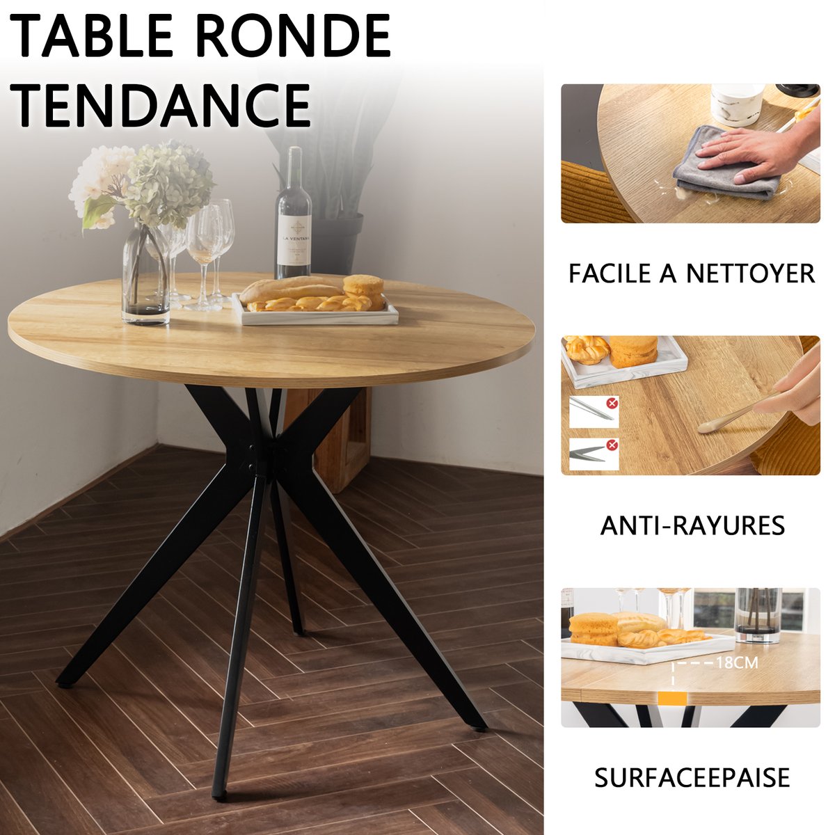 Table à manger ronde 4-6 personnes industriel, CLIFT noir, MEUBLES COSY
