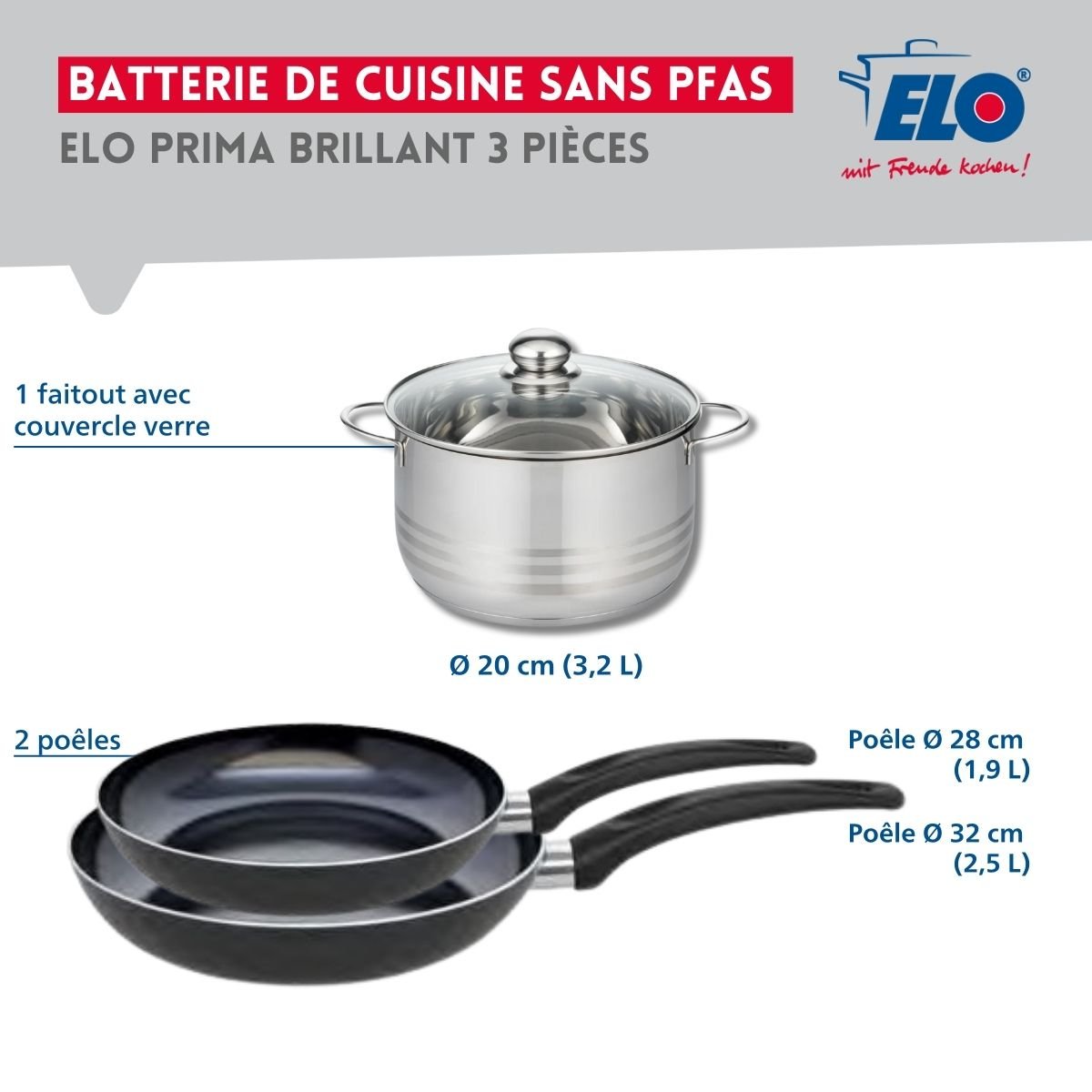 Batterie 2 poêles 28/32cm + 1 faitout 20cm PRIMA BRILLANT noir, ELO