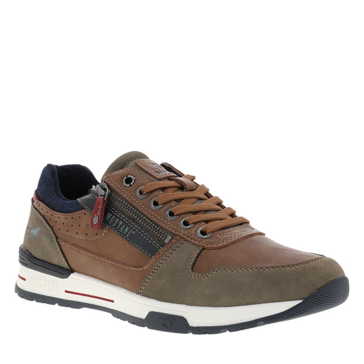 Baskets cognac à talon plat avec des lacets et un zip latéral brun, MUSTANG