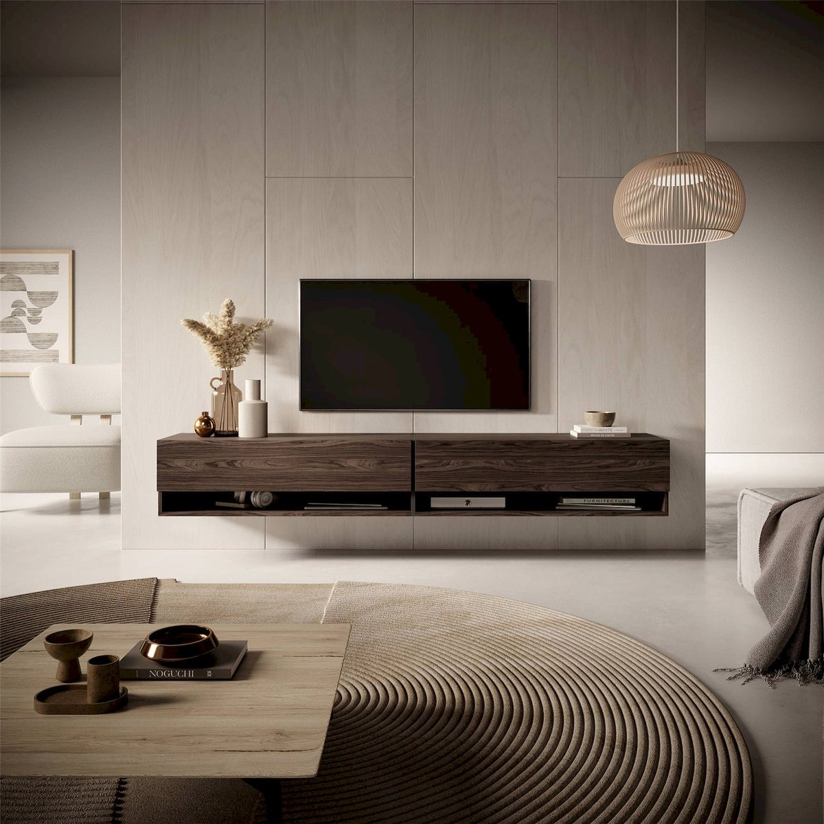 Meuble tv suspendu bois collection MIRRGO noyer, RECOLLECTION