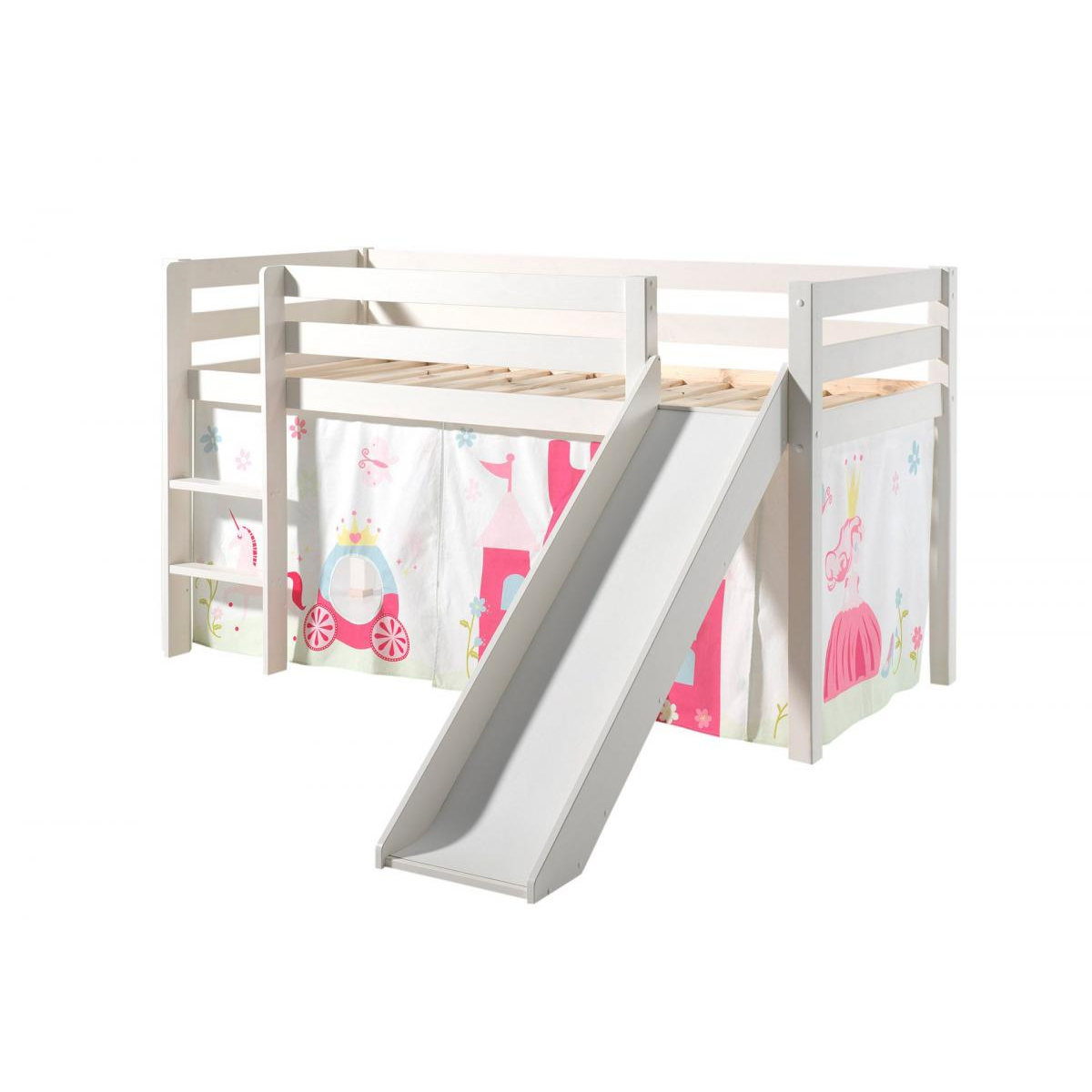 PINO Lit mezzanine avec toboggan + Rideau de lit Princess couleur unique, VIPACK