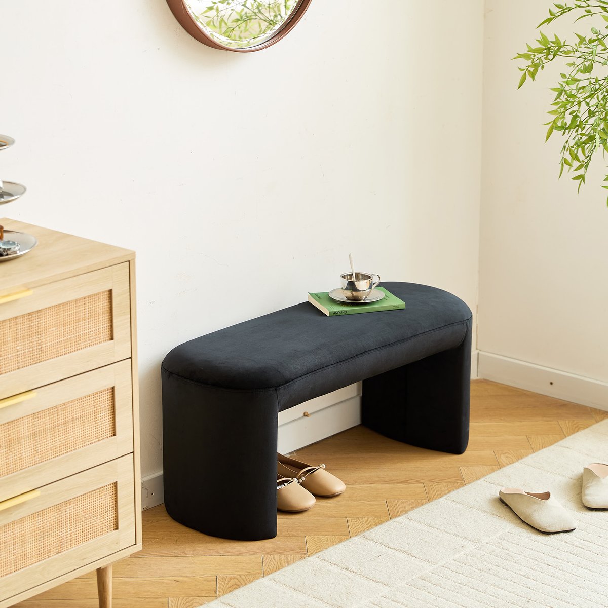 Banc style scandinave, velours, RIGA noir, NORDLYS