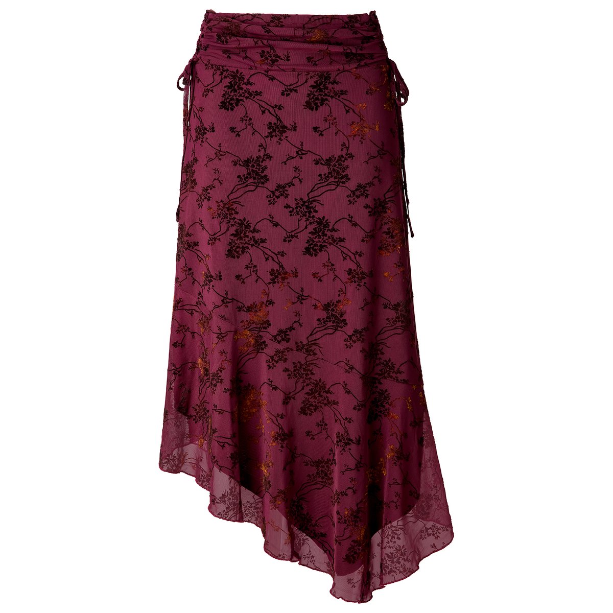 Jupe Asymétrique Floquée Fleurie à Détail Lacé rouge, JOE BROWNS