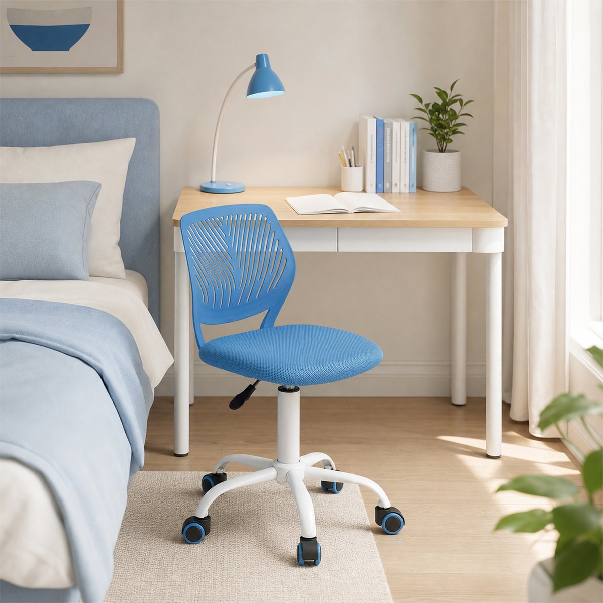 Chaise de bureau pivotante réglable en hauteur en maille, CARNATION bleu, MEUBLES COSY