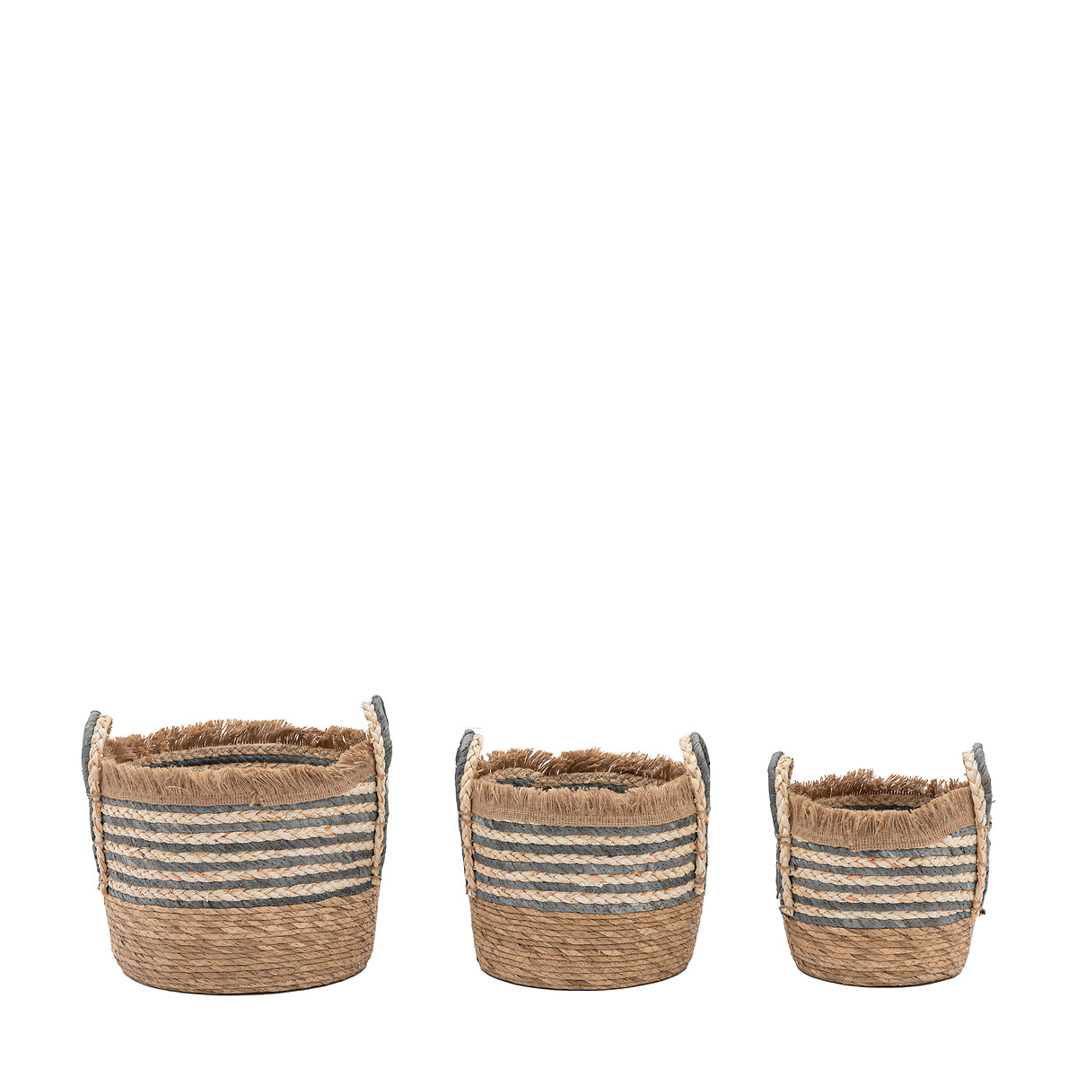 Set of 3 Ink Stripe Fringed Woven Baskets natural, SO'HOME