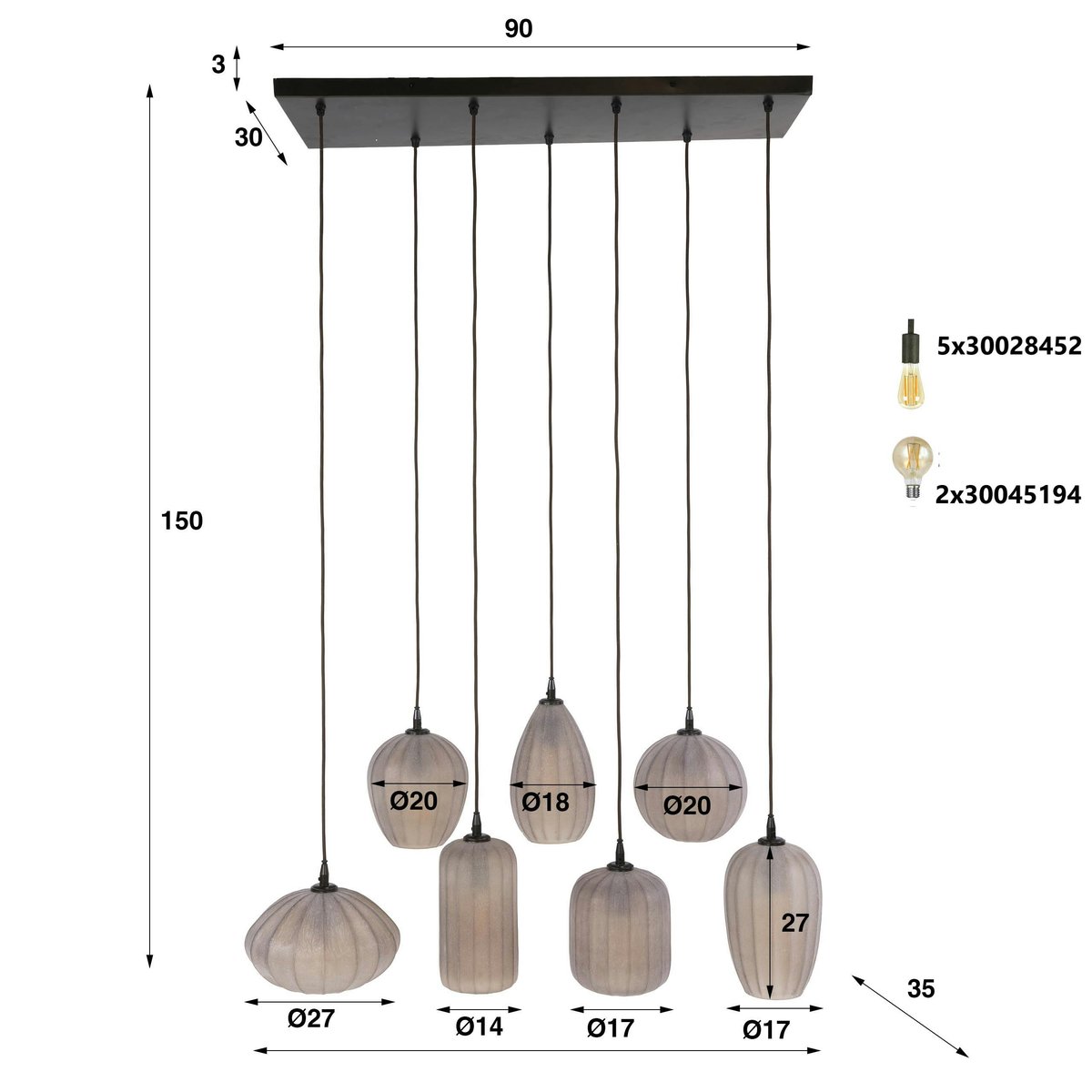 Suspension salle à manger verre brun dépoli 7 lampes NOVA marron, PIER IMPORT