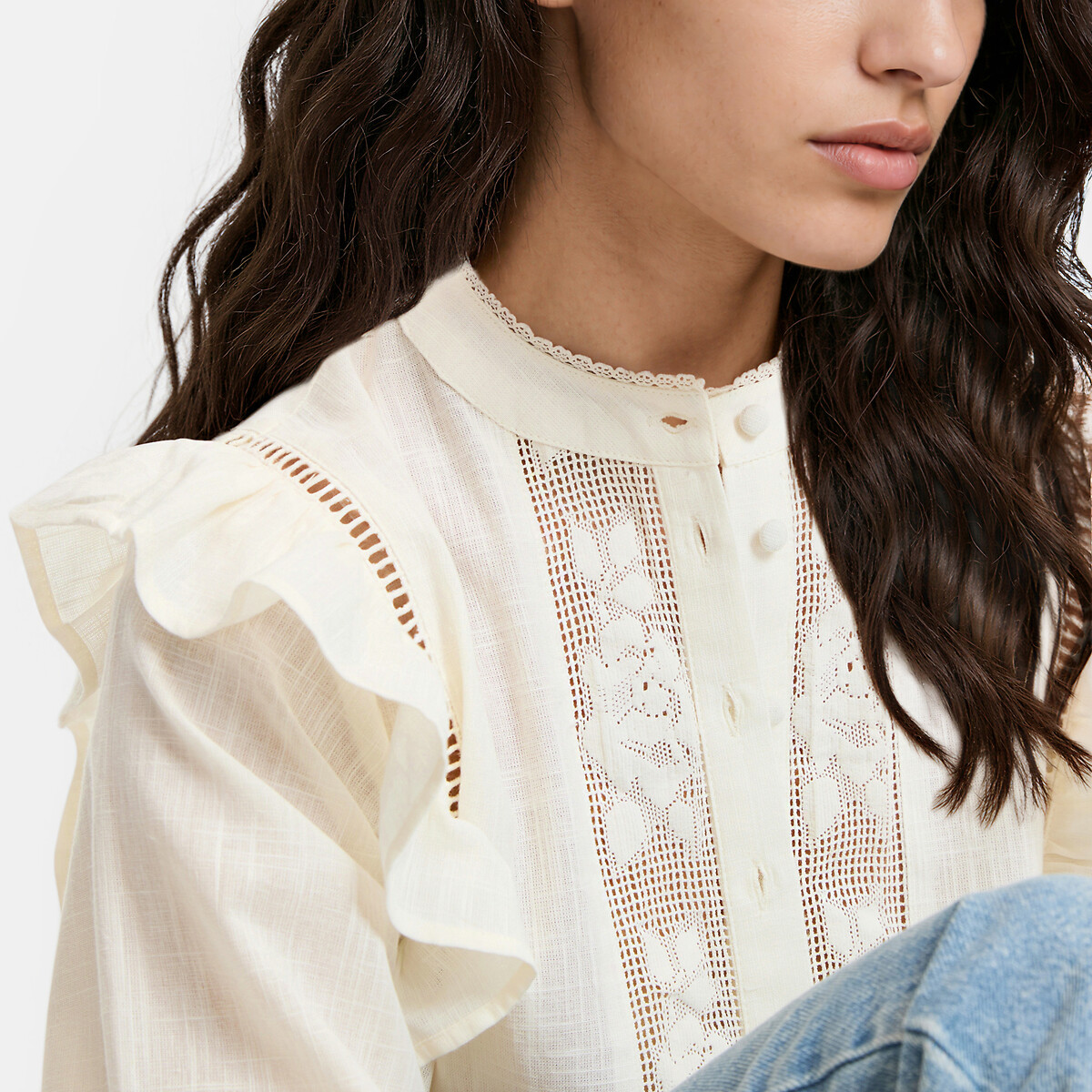 Camisa de cuello redondo, con bordados y volantes blanco, LA REDOUTE COLLECTIONS