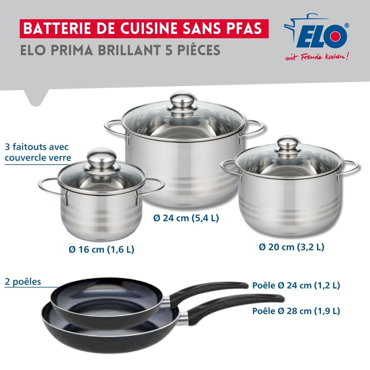 Batterie 2 poêles 24/28cm + 3 faitouts 16/20/24cm PRIMA BRILLANT noir, ELO