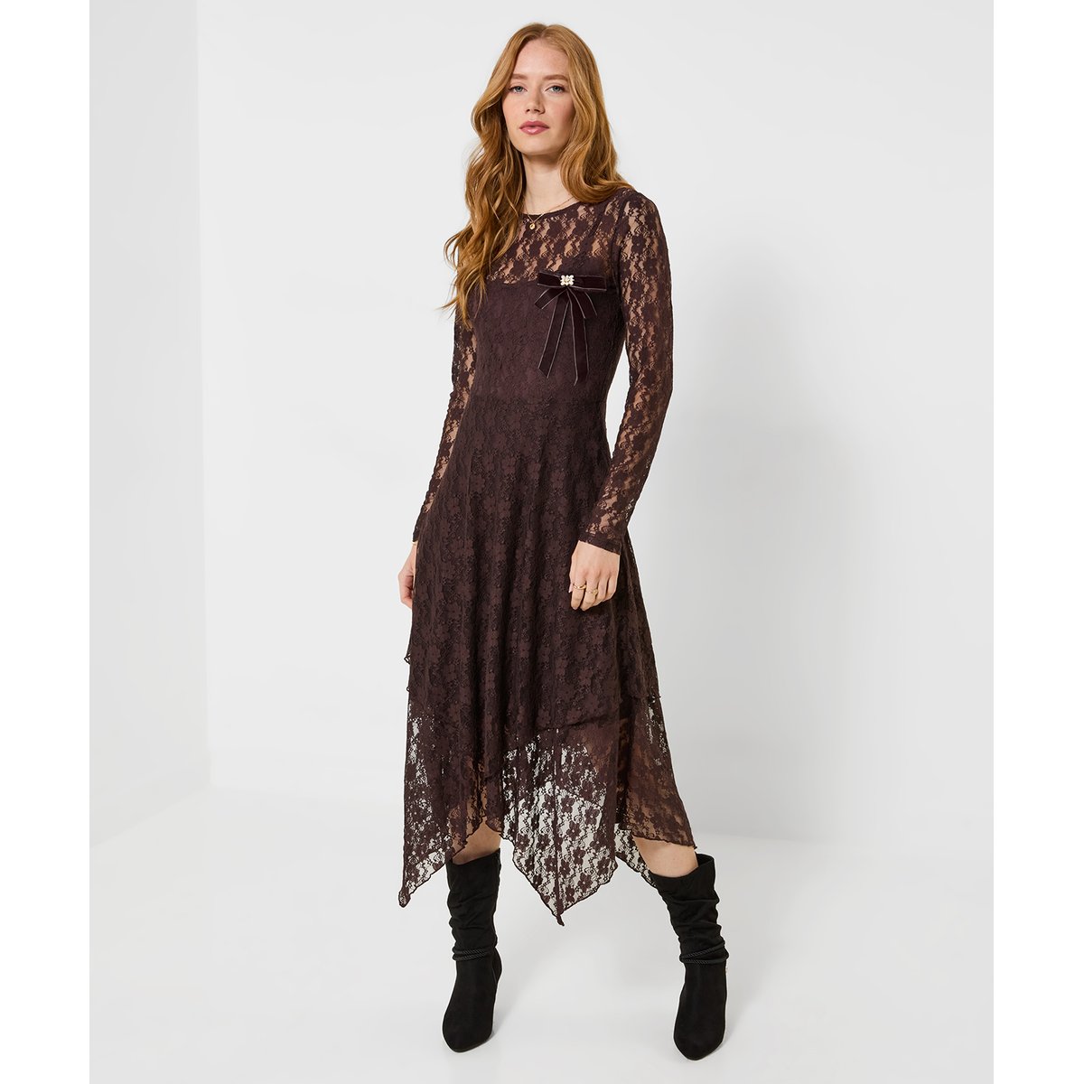 Robe Longue en Dentelle à Manches Longues Bella marron, JOE BROWNS