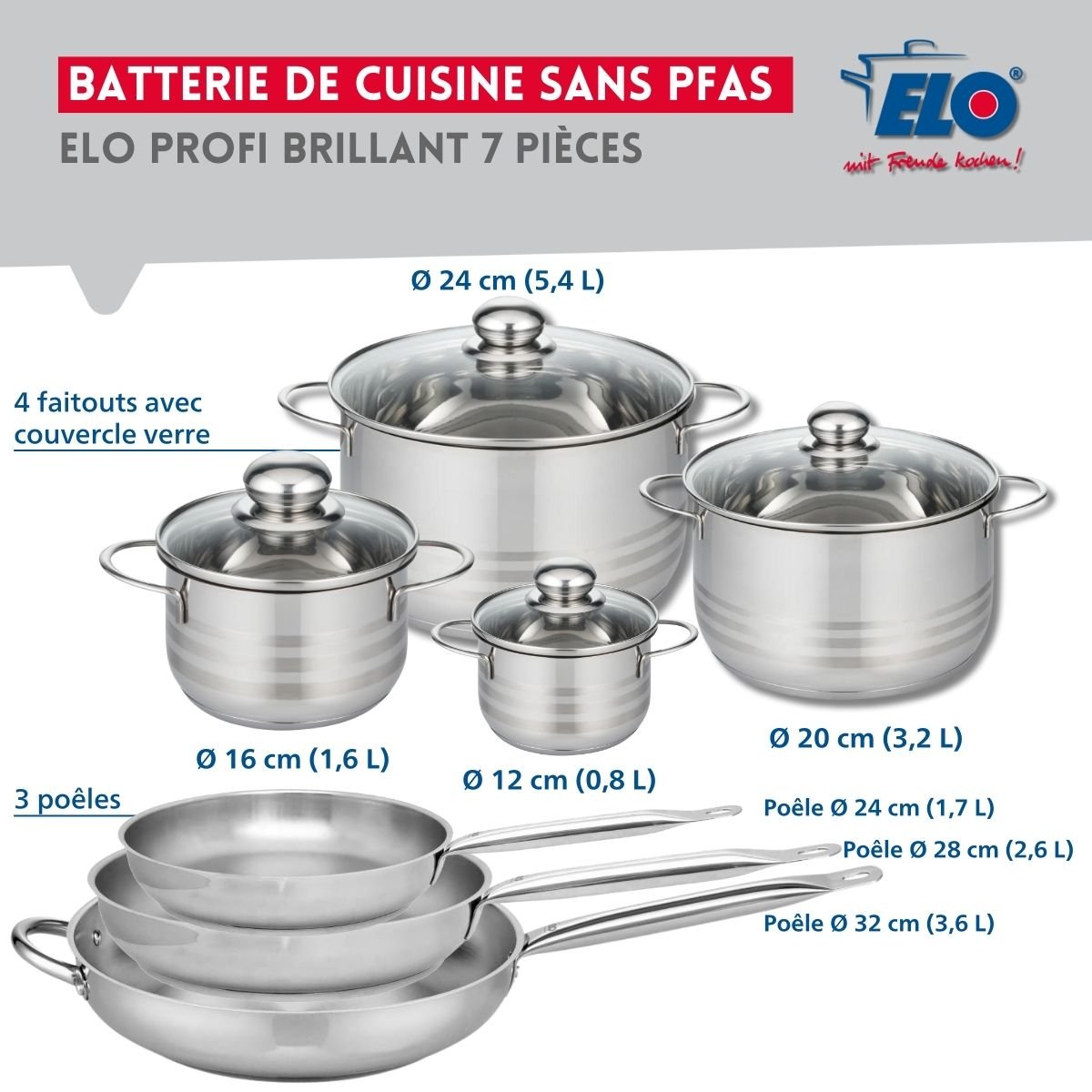 3 poêles 24/28/32cm + 4 faitouts 12/16/20/24cm PROFI BRILLANT gris, ELO