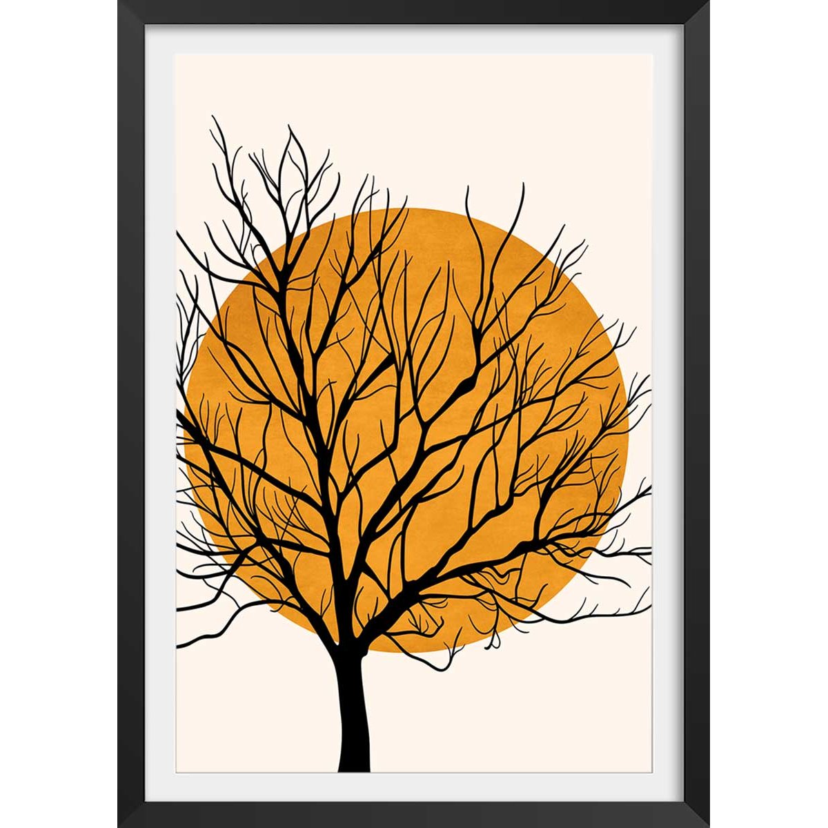Affiche dessin ""soleil caché"" affiche + cadre en bois - noir, HEXOA
