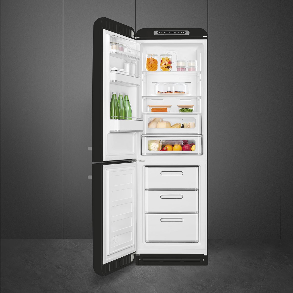 Réfrigérateur 2 portes combiné poignées à droite FAB32 noir brillant, SMEG