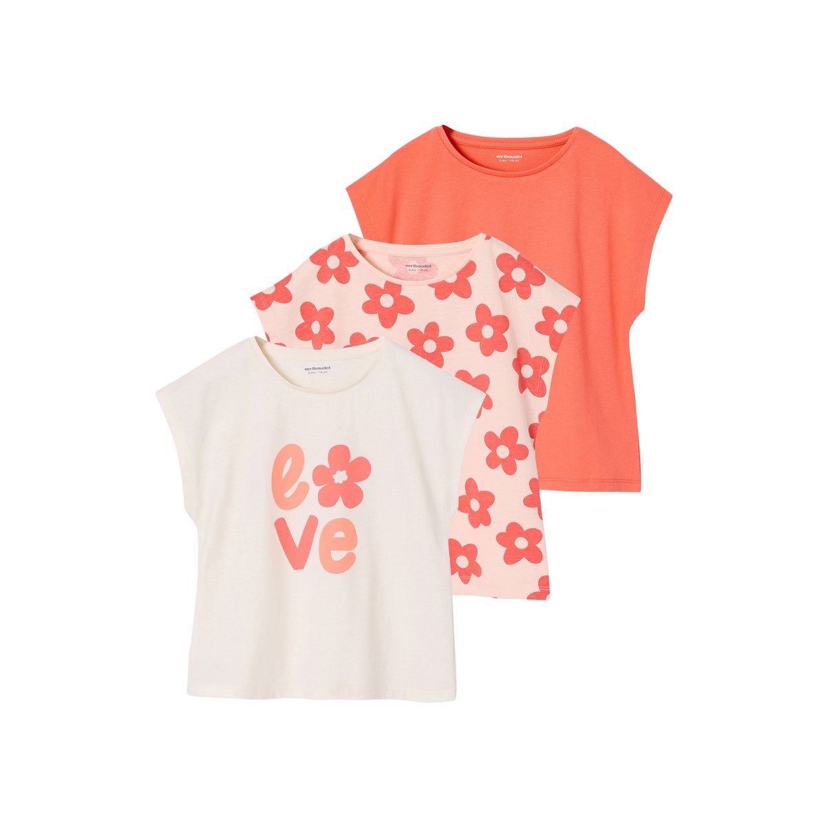 Lot de 3 tee-shirts fantaisie manches courtes rose poudré, VERTBAUDET