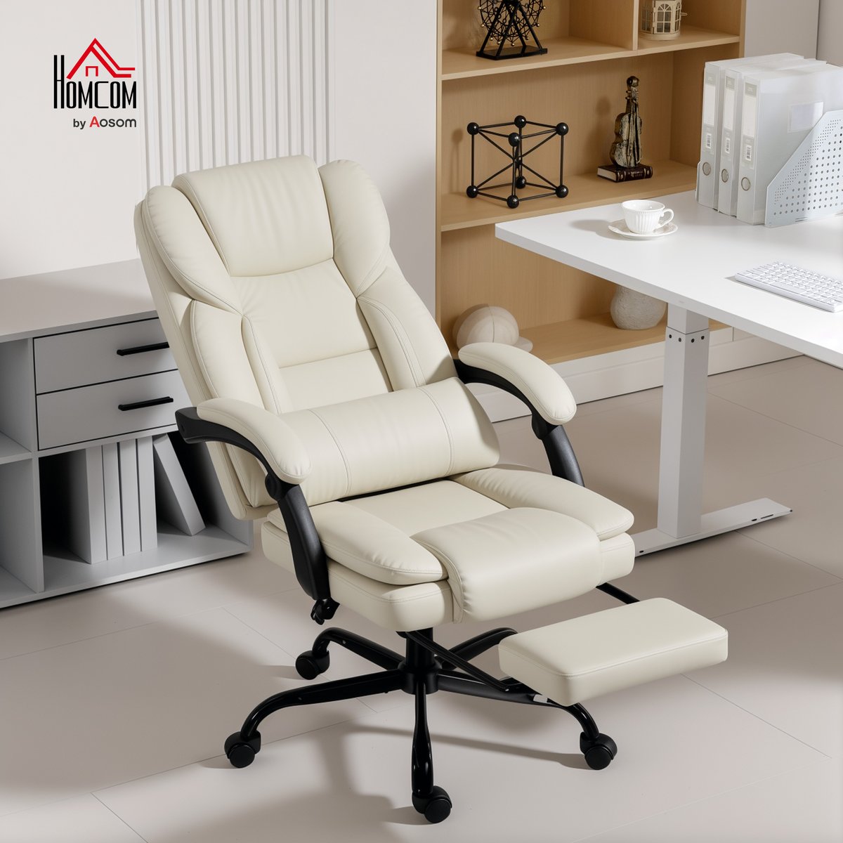 Chaise de bureau Cuir synthétique Beige marron, HOMCOM