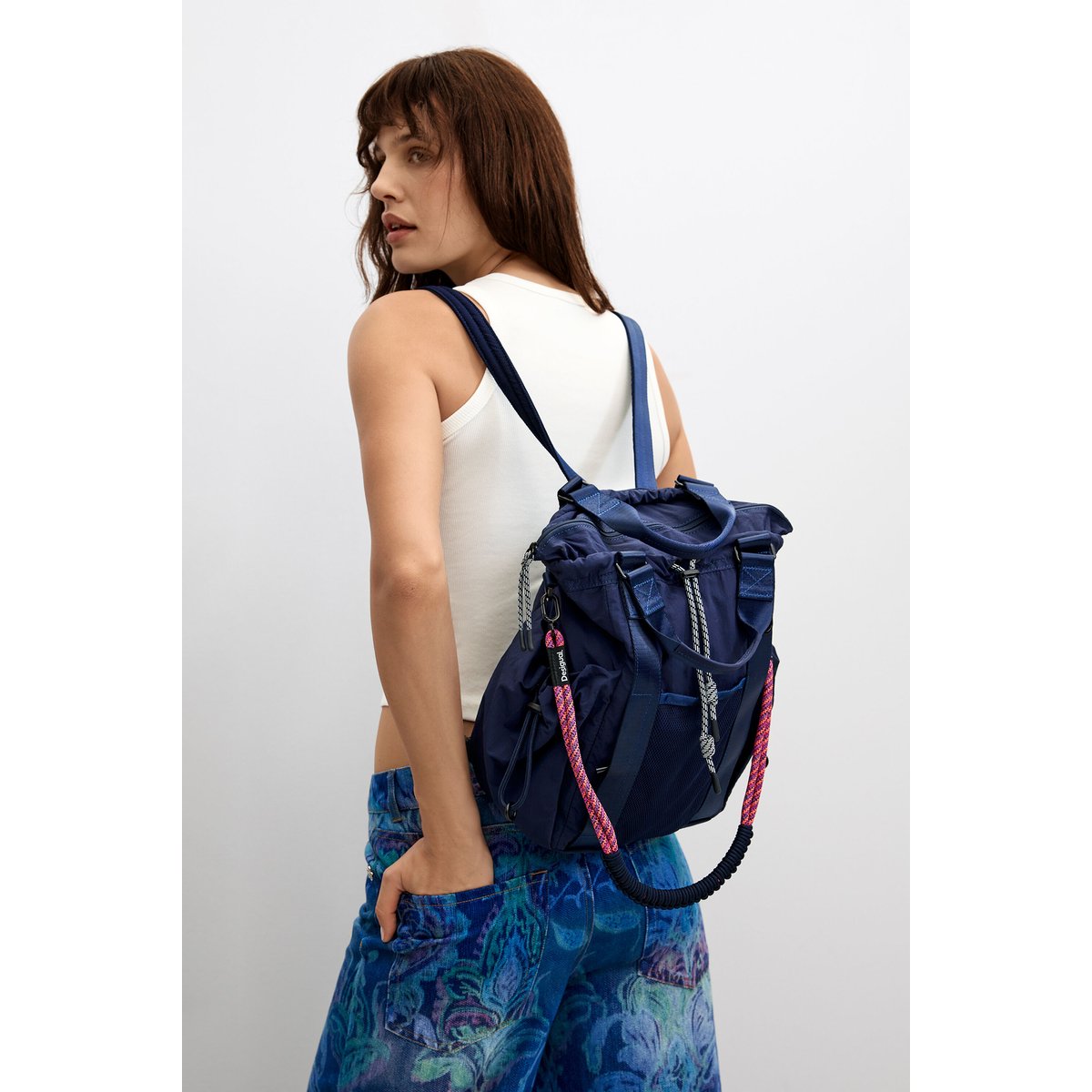 Sac à dos multipositions moyen en nylon bleu, DESIGUAL