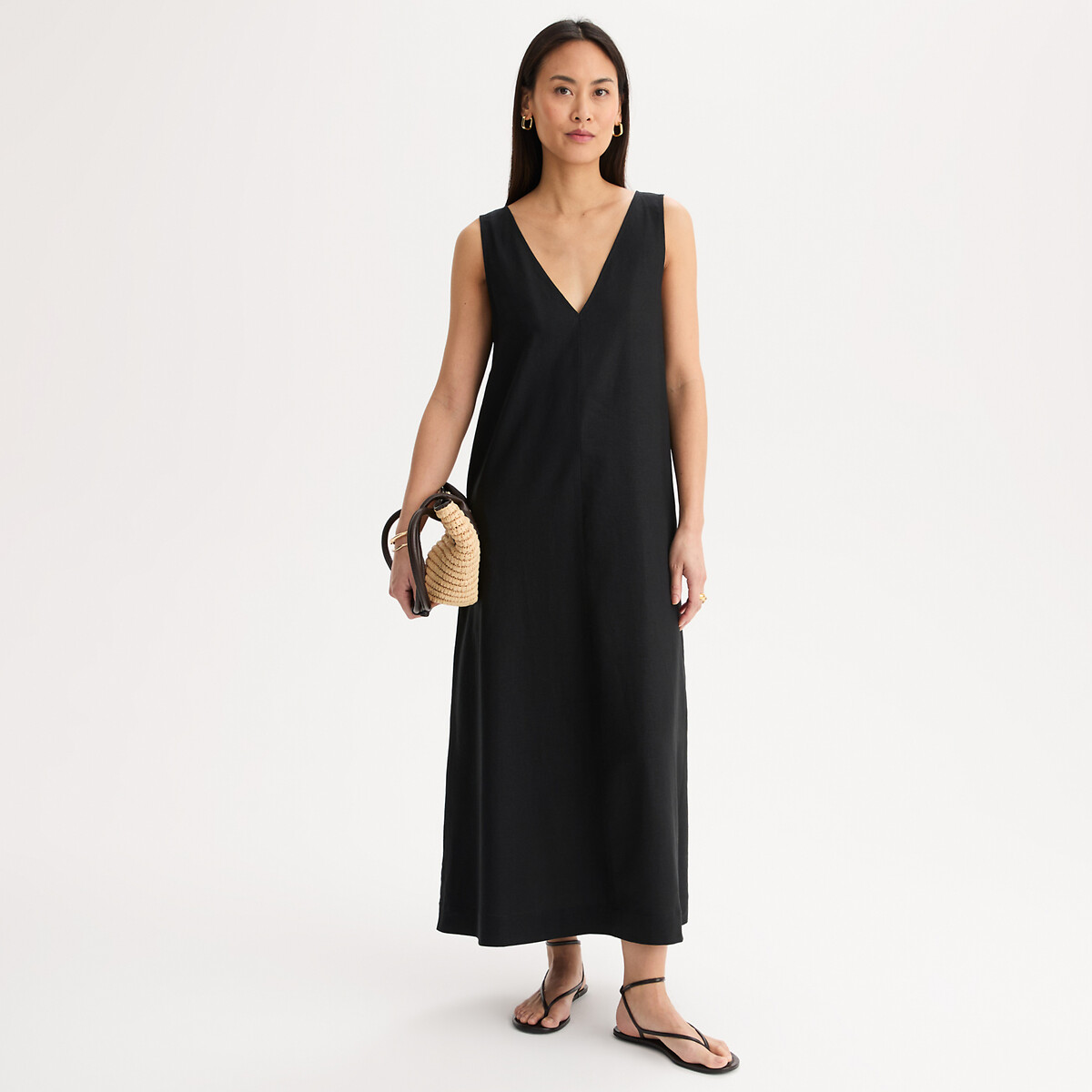 Robe sans manches longueur midi en lin et viscose noir, ANNE WEYBURN