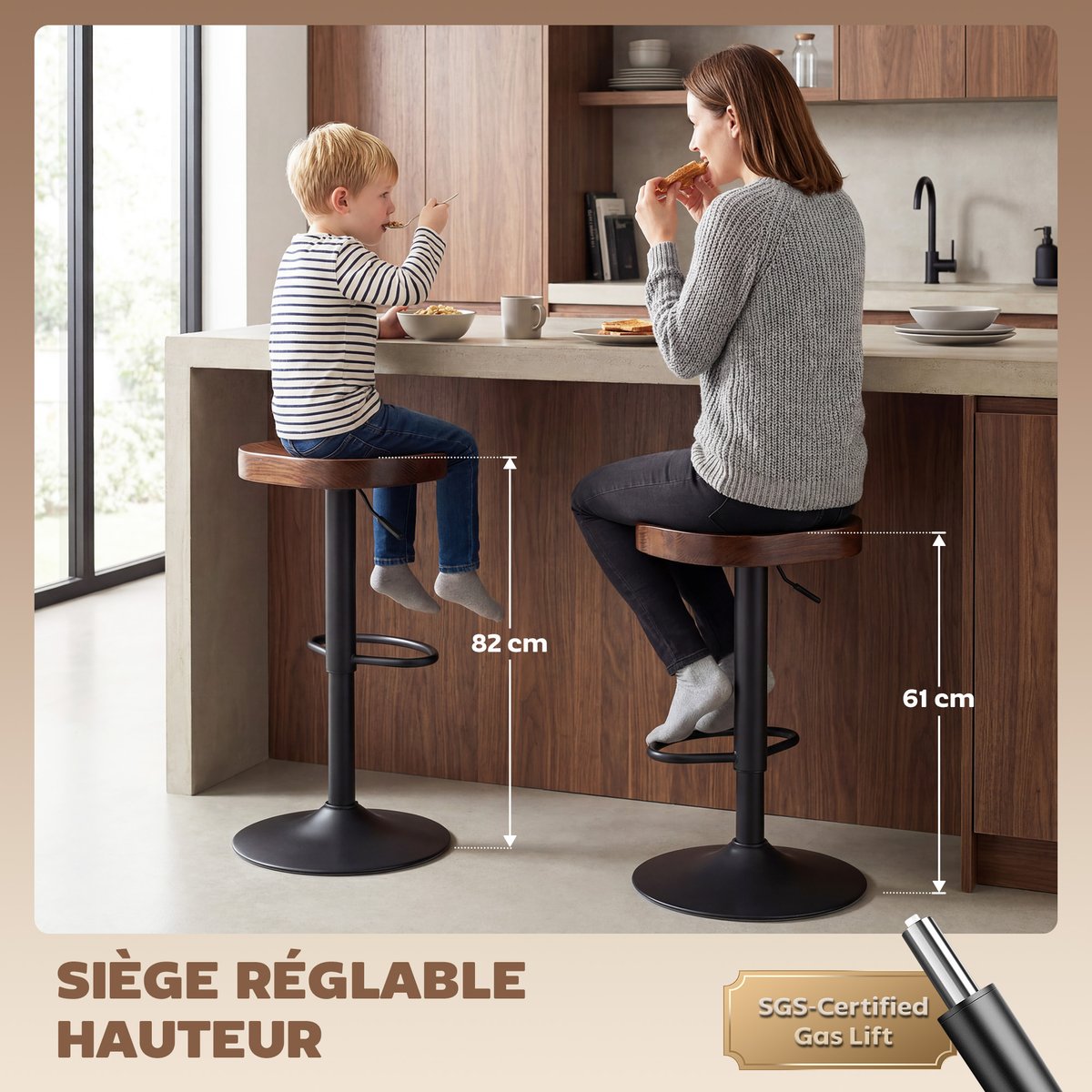 Tabouret de bar Bois d'orme Marron foncé marron foncé, noir, HOMCOM