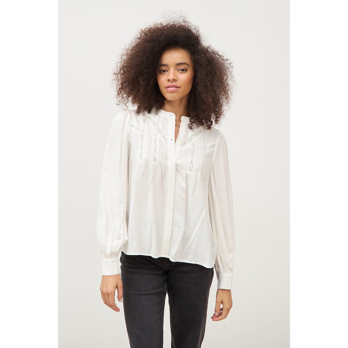 Blouse ajourée col rond manches longues ecru, BONOBO