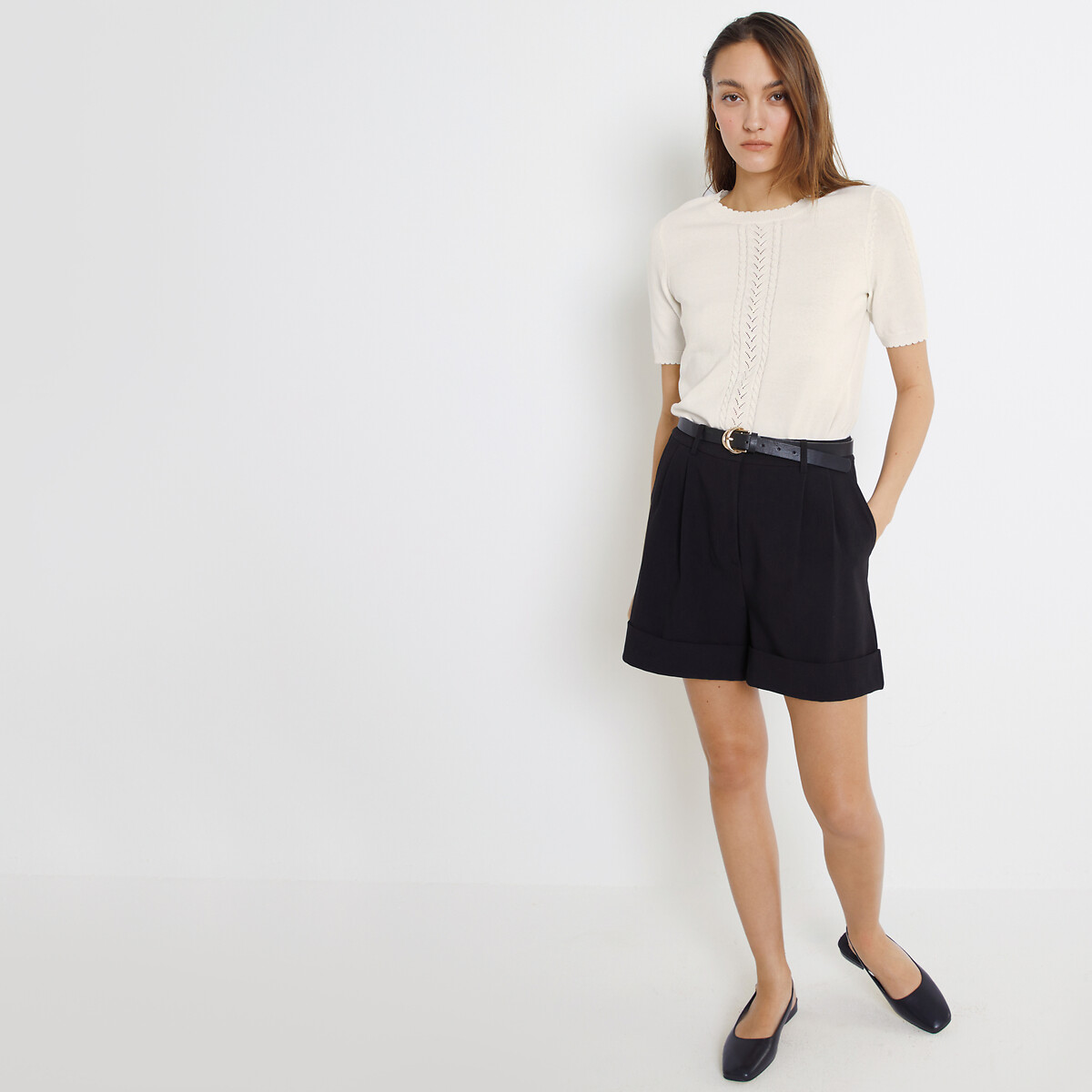 Pull col rond, manches courtes ivoire, LA REDOUTE COLLECTIONS