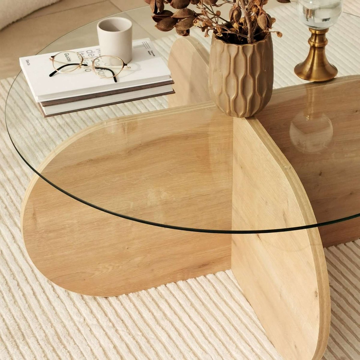Table basse ronde avec plateau en verre LUMINIX beige, TOILINUX