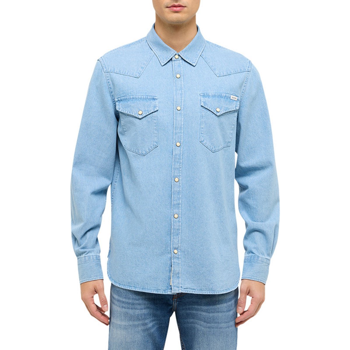 Chemise en jean en coton bleue unie avec une coupe droite et un col français bleu, MUSTANG