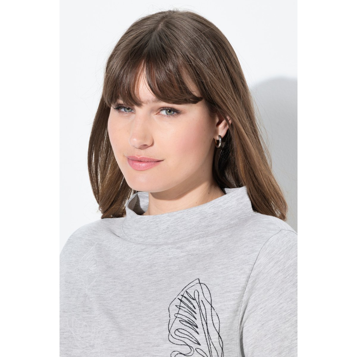 T-shirt long à col montant et manches gris chiné, ULLA POPKEN
