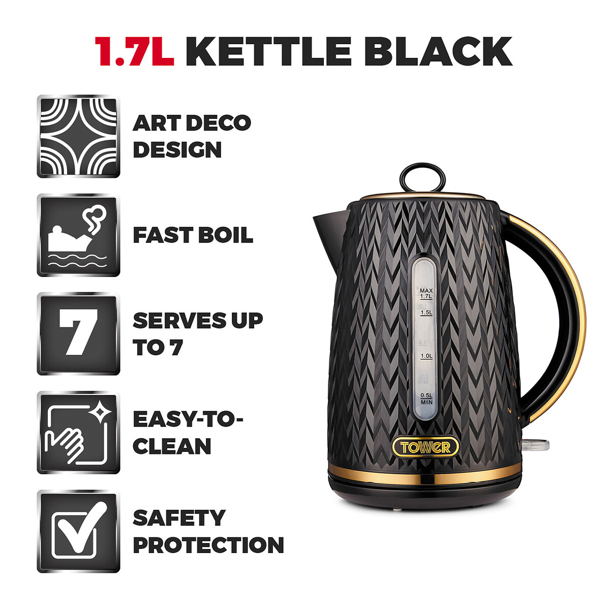 Empire 1.7L Jug Kettle - T10052 black, TOWER