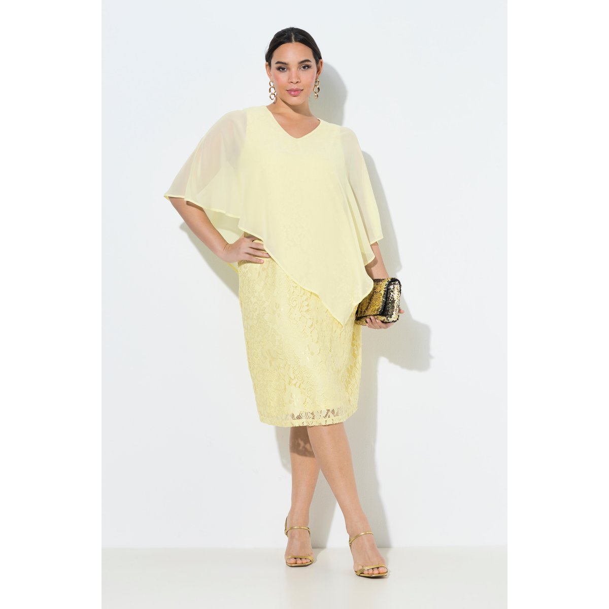 Robe en dentelle, coupe évasée jaune pâle, ULLA POPKEN