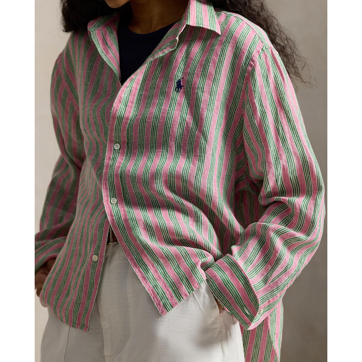 Striped Linen Shirt with Long Sleeves striped green/pink, POLO RALPH LAUREN