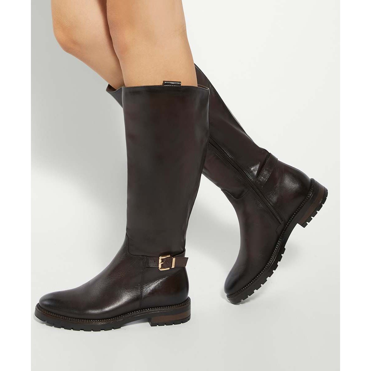 Bottes au genou en cuir à boucle - TABBEY brown-leather, DUNE LONDON