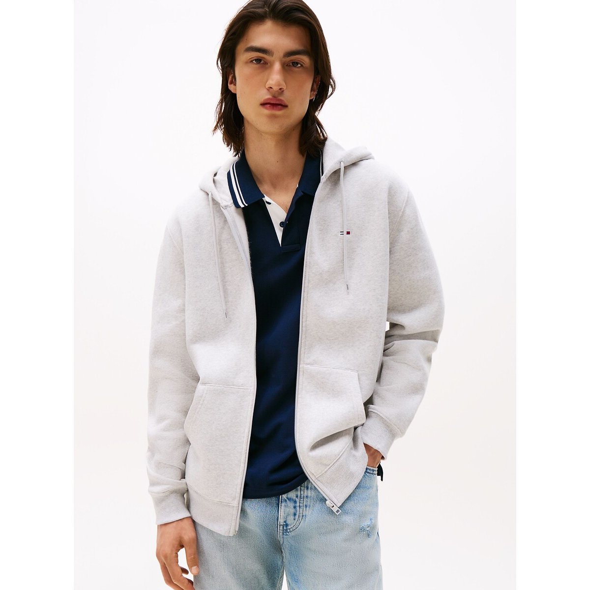 Sweat à capuche zippé en molleton brossé gris clair, TOMMY JEANS