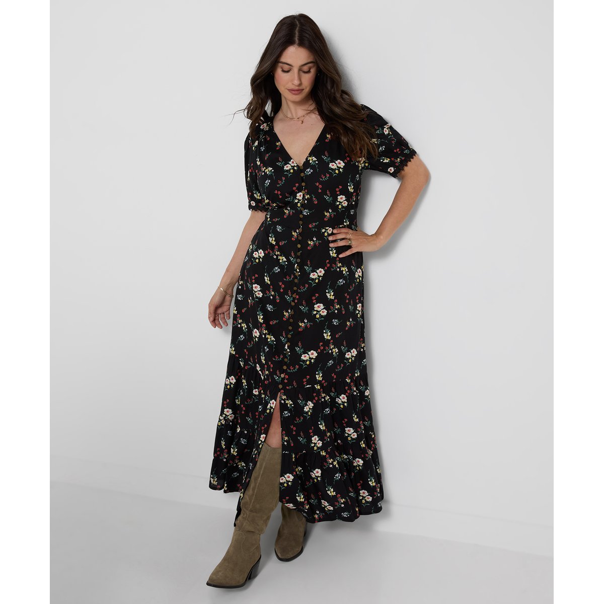Adorable Robe Longue Boutonnée à Petites Fleurs noir, JOE BROWNS