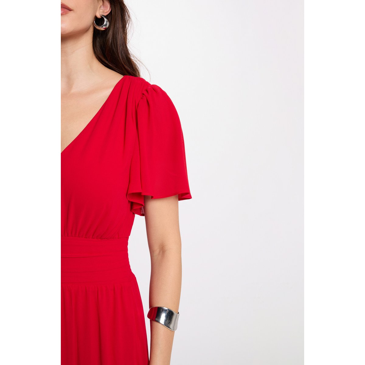 Robe longue manches courtes col V rouge, MORGAN