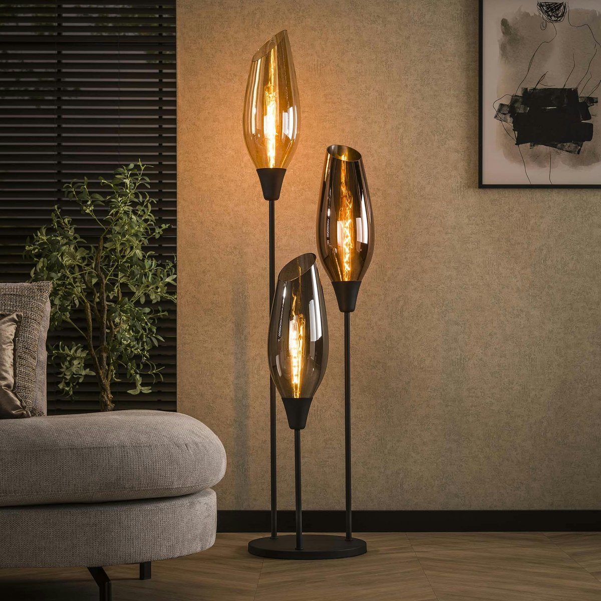 Lampadaire vintage XL avec abat-jour en verre forme torche NIAGARA ambre, PIER IMPORT