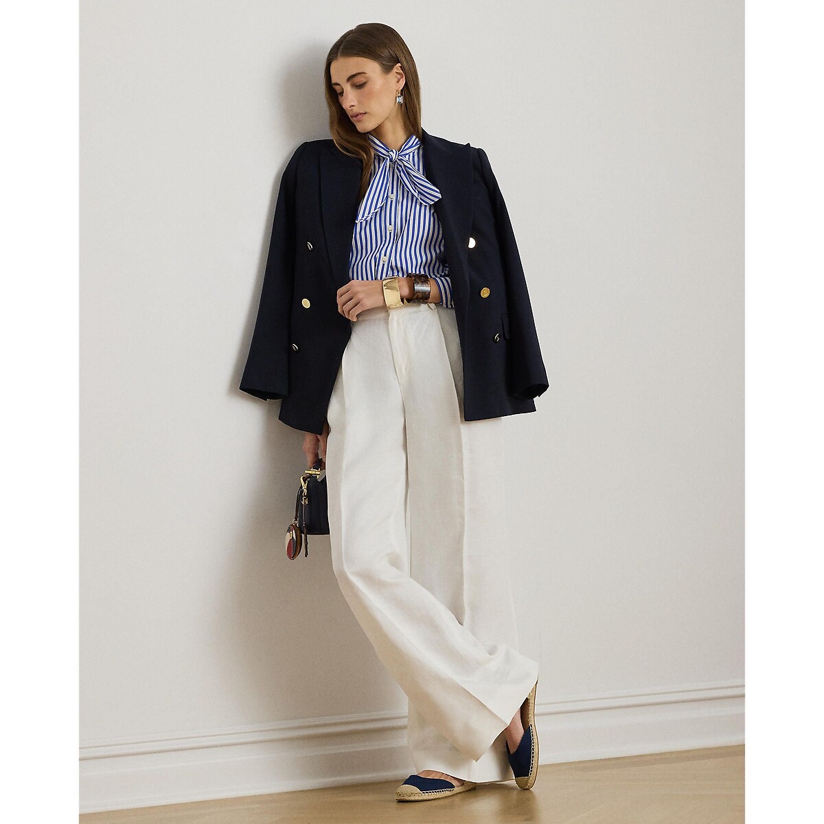 Chemise rayée manches longues col à nouer rayé bleu/blanc, LAUREN RALPH LAUREN