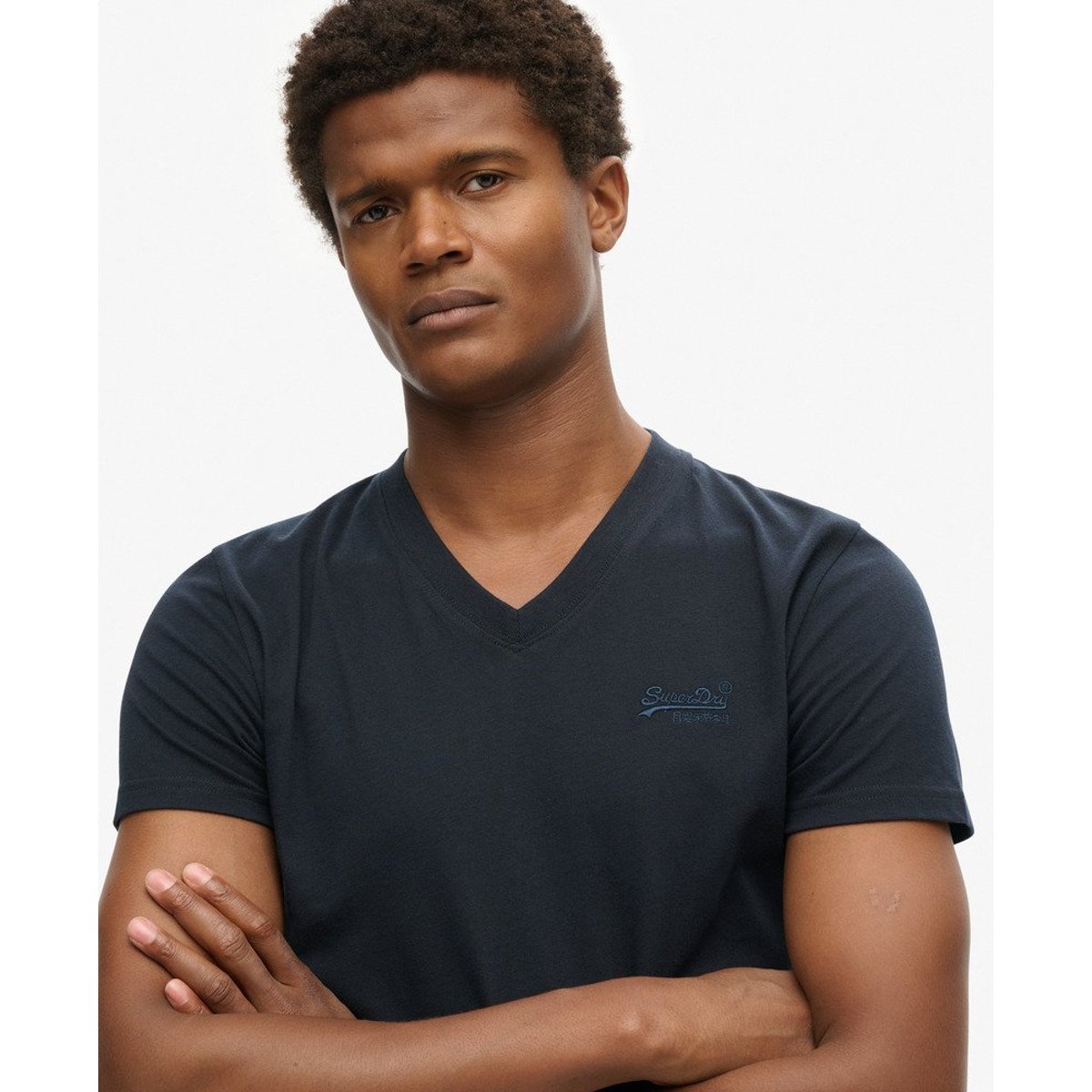 T-shirt col V vintage logo bleu marine, SUPERDRY