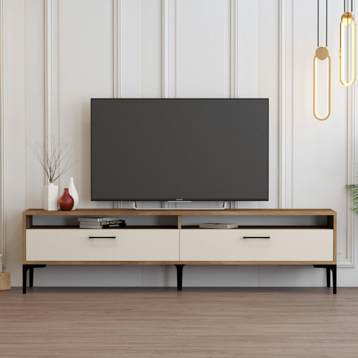 Meuble TV moderne décor bois foncé et portes crème JENA marron, PIER IMPORT