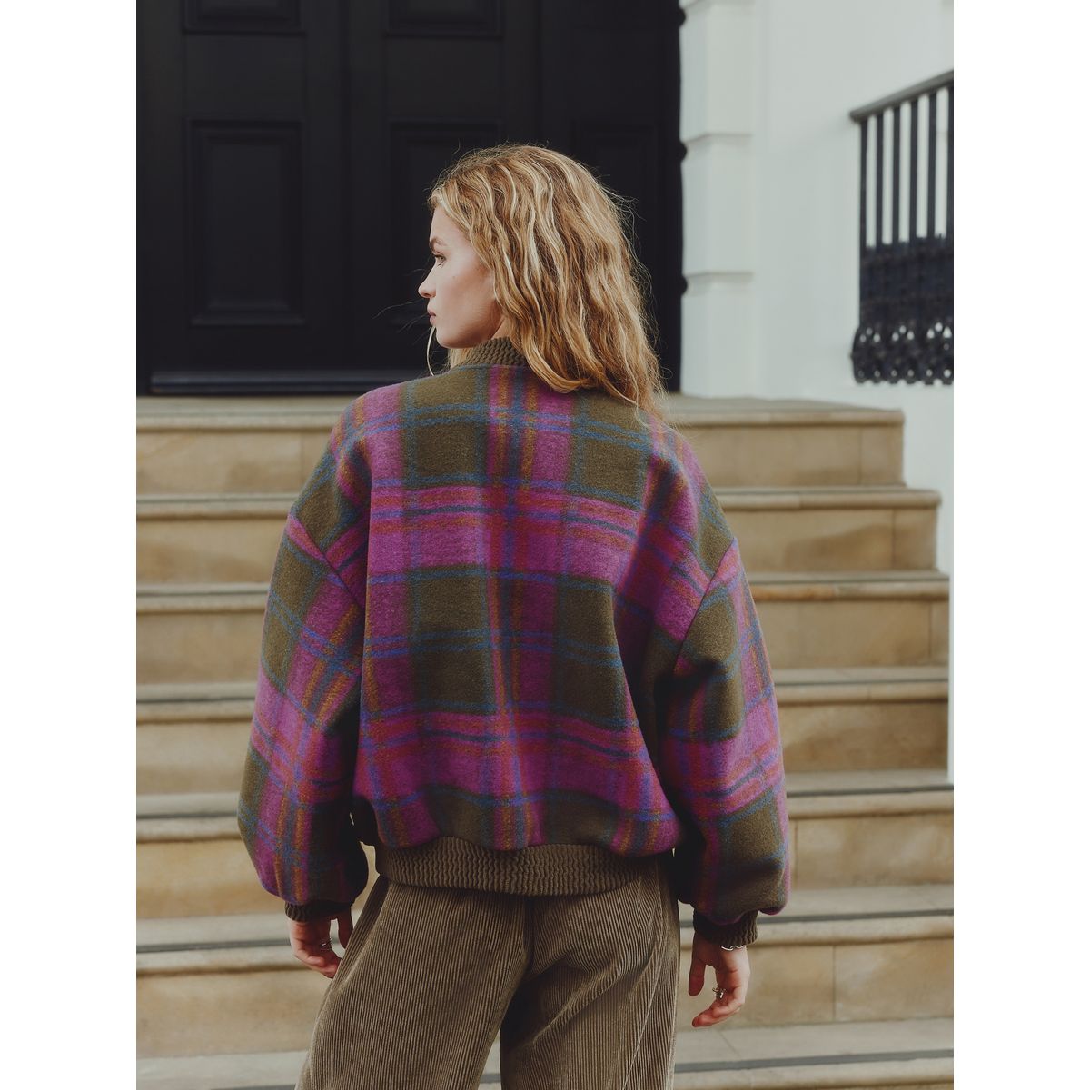 Blouson aviateur brossé à détails côtelés carreaux vert olive/rose, NEXT